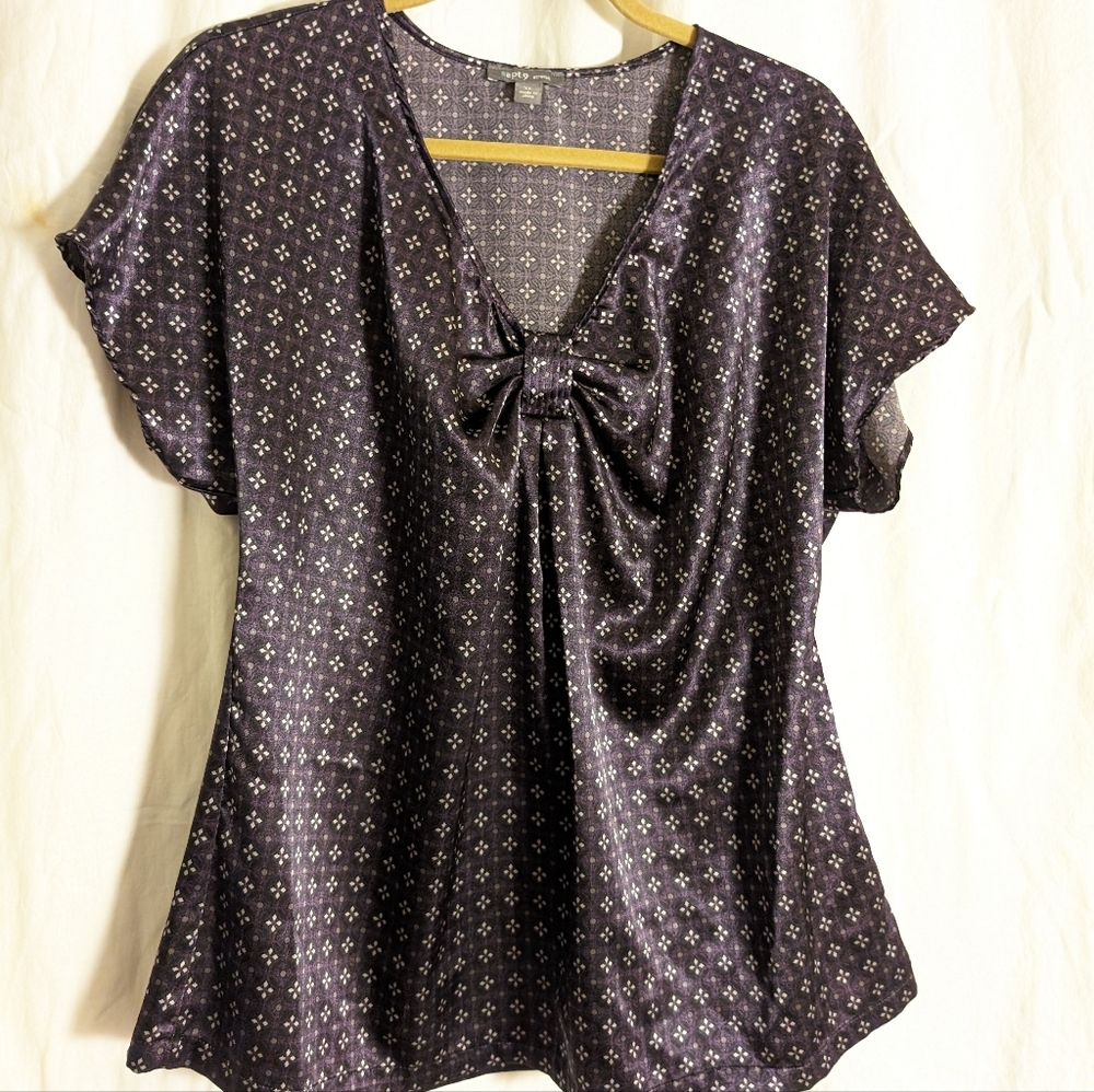 ❤️$3/$20 Apt 9 satiny bow & cap sleeve blouse black purple print XL